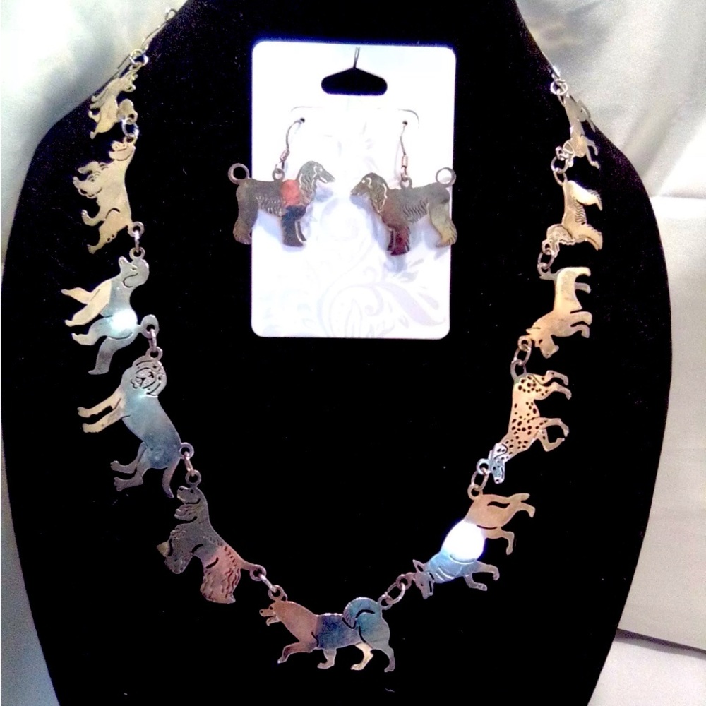 Wild Bryde Rhodium Plated Signed Dog Necklace 25" & Earrings